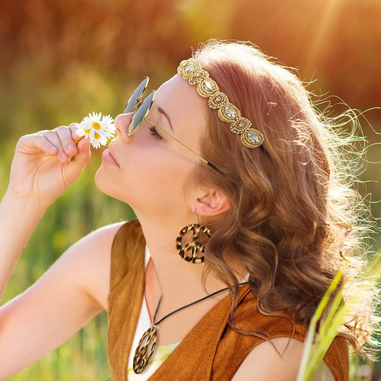 6 Pcs 60s 70s Outfits for Women Hippie Costume Set Peace Sign Earring Headband Fringe Vest Tassel Cardigan