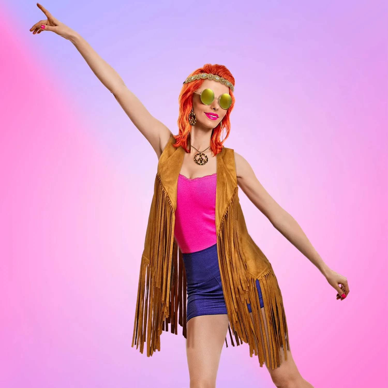 6 Pcs 60s 70s Outfits for Women Hippie Costume Set Peace Sign Earring Headband Fringe Vest Tassel Cardigan