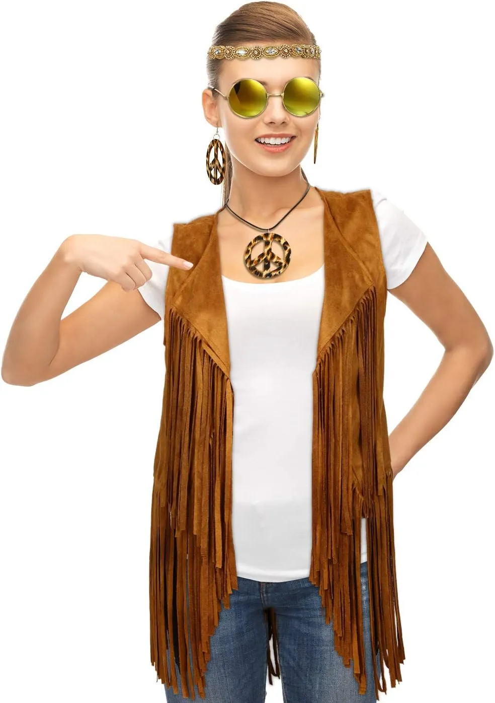 6 Pcs 60s 70s Outfits for Women Hippie Costume Set Peace Sign Earring Headband Fringe Vest Tassel Cardigan