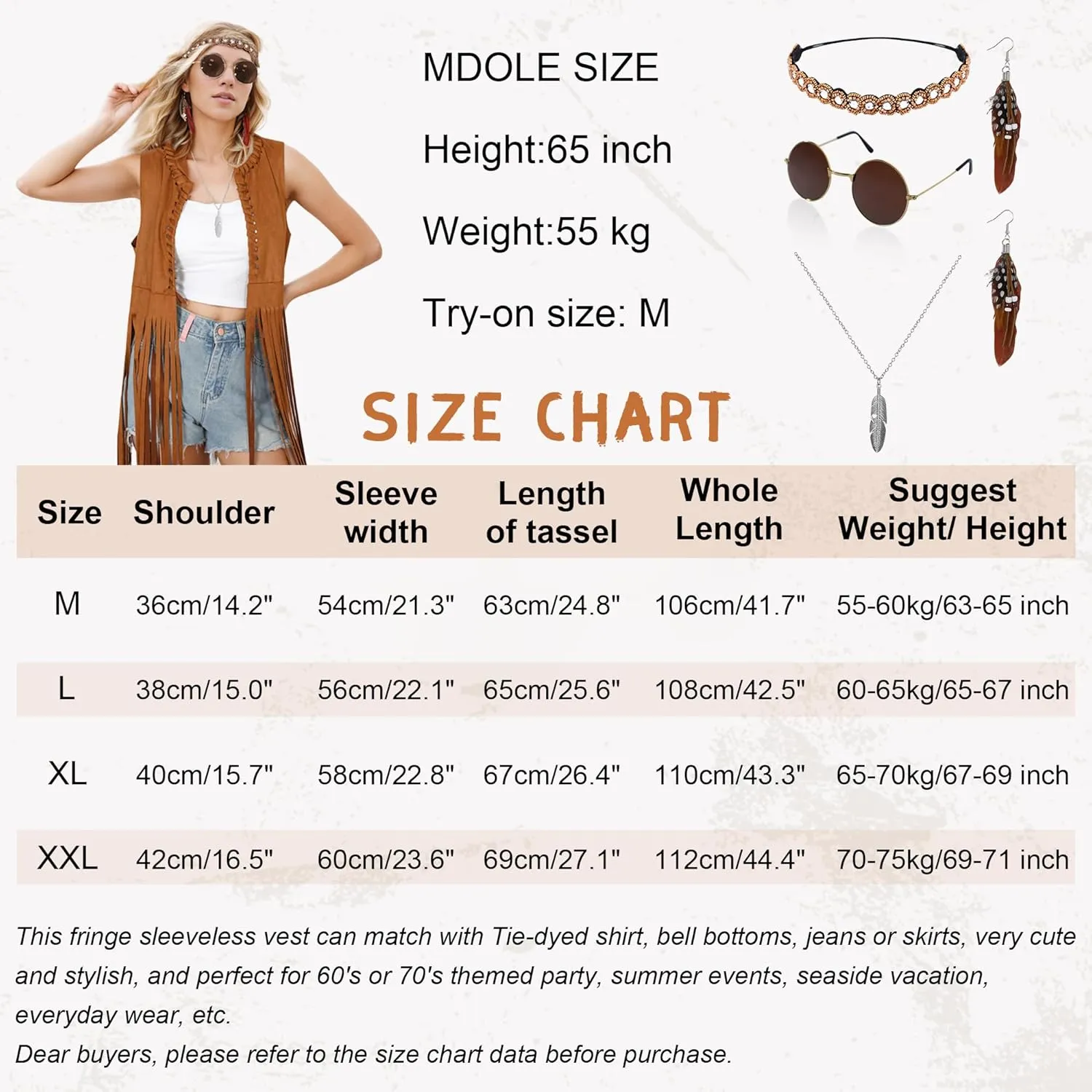 60s 70s Outfits for Women 6Pcs Disco Hippie Costume Clothes Cowgirl 70s Cosplay Tops Women Fringe Vest Accessories