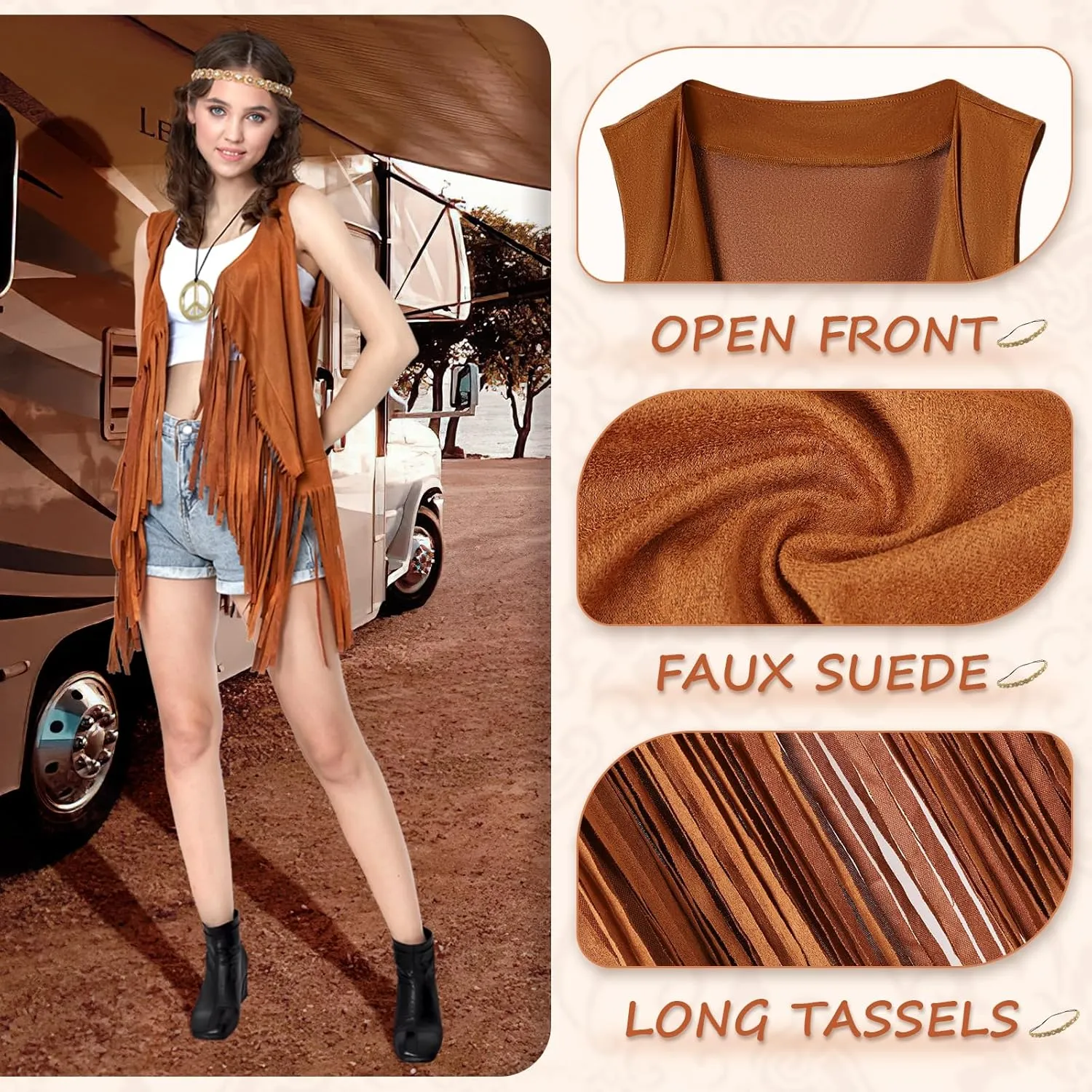 60s 70s Outfits for Women Hippie Costume Clothes Set 70s Costume Tops Women Fringe Hippie Vest for Halloween