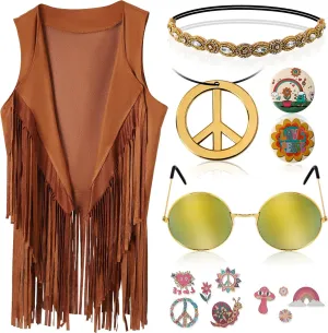 60s 70s Outfits for Women Hippie Costume Clothes Set 70s Costume Tops Women Fringe Hippie Vest for Halloween