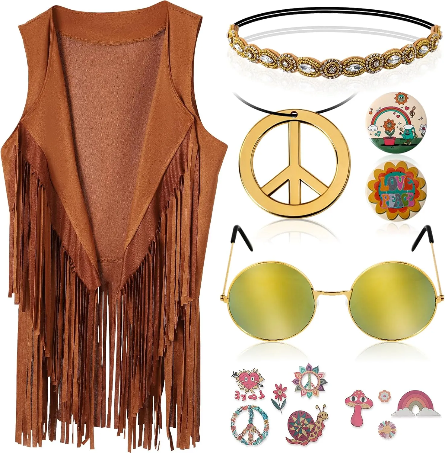 60s 70s Outfits for Women Hippie Costume Clothes Set 70s Costume Tops Women Fringe Hippie Vest for Halloween