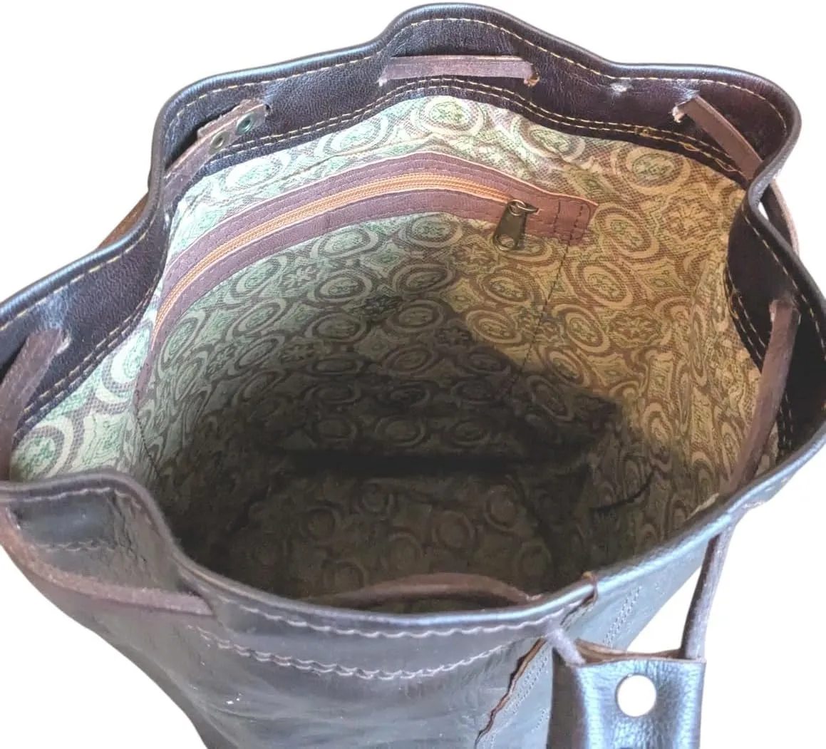 6.8L - 54L (1.8-14gal) Organic Leather Shoulder Drawstring Bucket Duffel Bag Genuine Moroccan HANDMADE