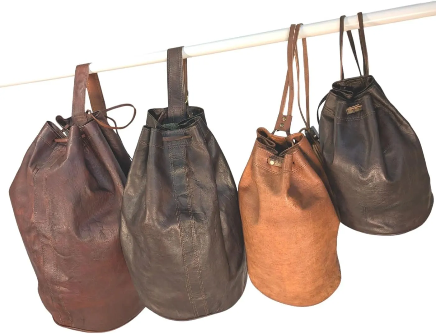 6.8L - 54L (1.8-14gal) Organic Leather Shoulder Drawstring Bucket Duffel Bag Genuine Moroccan HANDMADE
