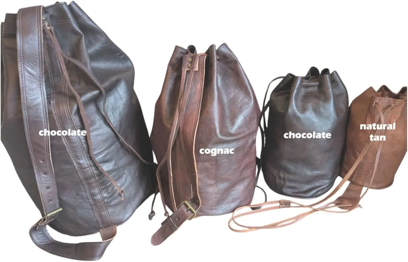 6.8L - 54L (1.8-14gal) Organic Leather Shoulder Drawstring Bucket Duffel Bag Genuine Moroccan HANDMADE