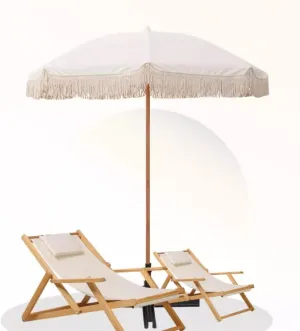 6x6.5ft Beach Umbrella with Fringe, Boho Garden Parasol Outdoor Umbrella, Portable Umbrella Market Table Parasol Waterproof with Carry Bag