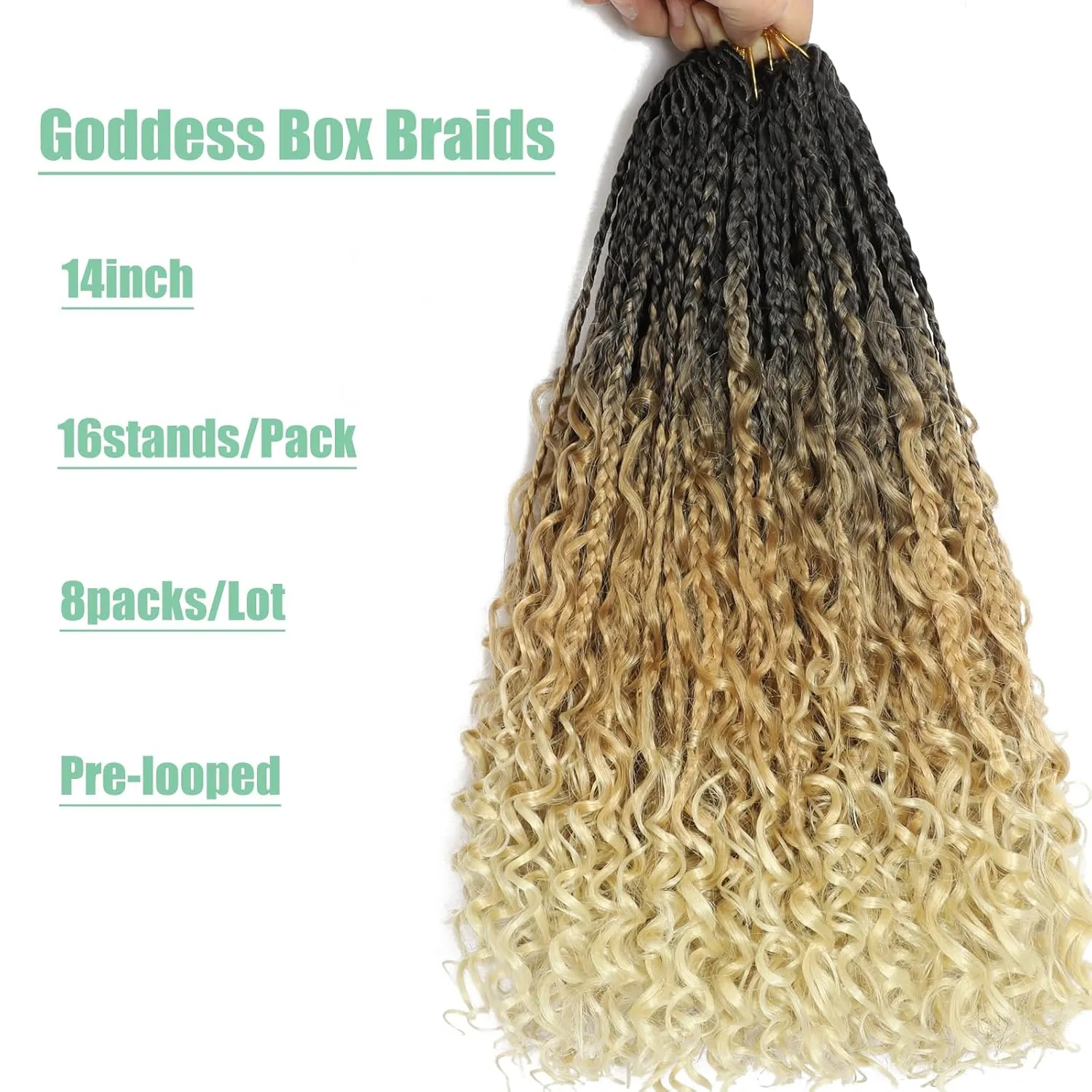 8 Packs Goddess Box Braids Crochet Hair, Pre-Looped Bohemian Braiding Hair with Curly Ends,Synthetic CrochetHair for Women (1B27613, 14 Inch (Pack of 8))