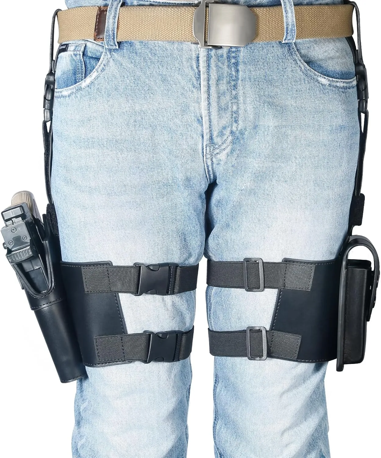 Adjustable Drop Leg Holster for Pistols with Optics - Quick Draw Right-Handed Leather Thigh Holster with Double Magazine Pouch, Compatible with 1911, Glock 17/19, Beretta 92FS & More Pistols