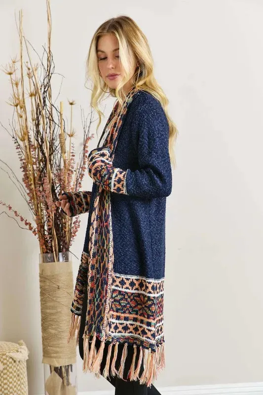 ADORA Full Size Fringe Hem Aztec Border Cardigan Plus Size