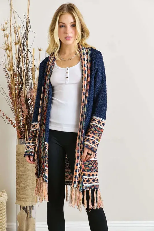 ADORA Full Size Fringe Hem Aztec Border Cardigan Plus Size