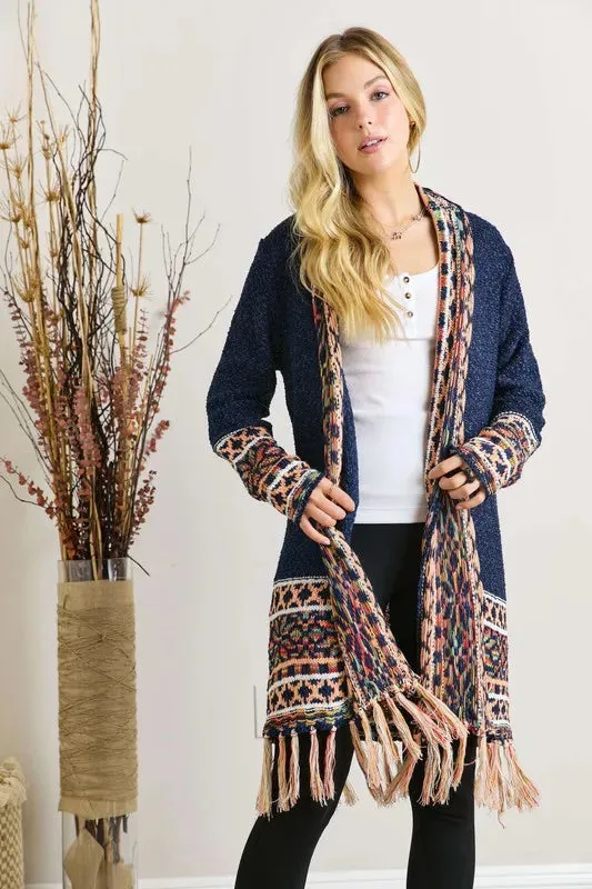 ADORA Full Size Fringe Hem Aztec Border Cardigan Plus Size