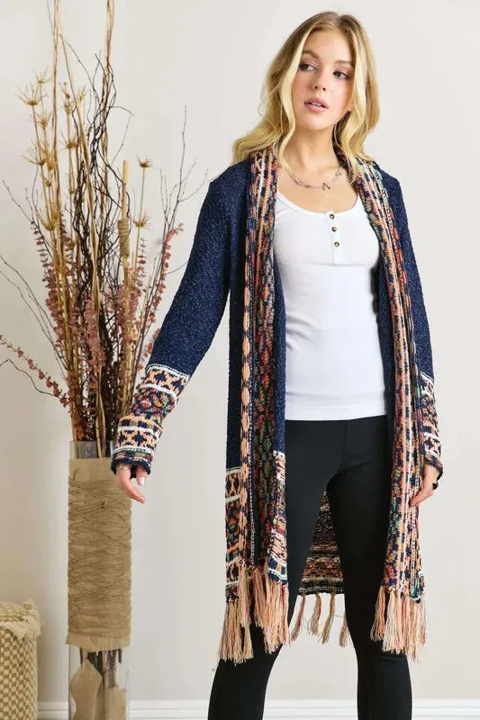 ADORA Full Size Fringe Hem Aztec Border Cardigan Plus Size