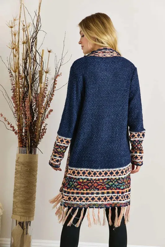 ADORA Full Size Fringe Hem Aztec Border Cardigan Plus Size