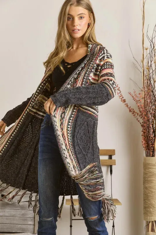 ADORA Full Size Fringe Hem Aztec Cardigan Plus Size