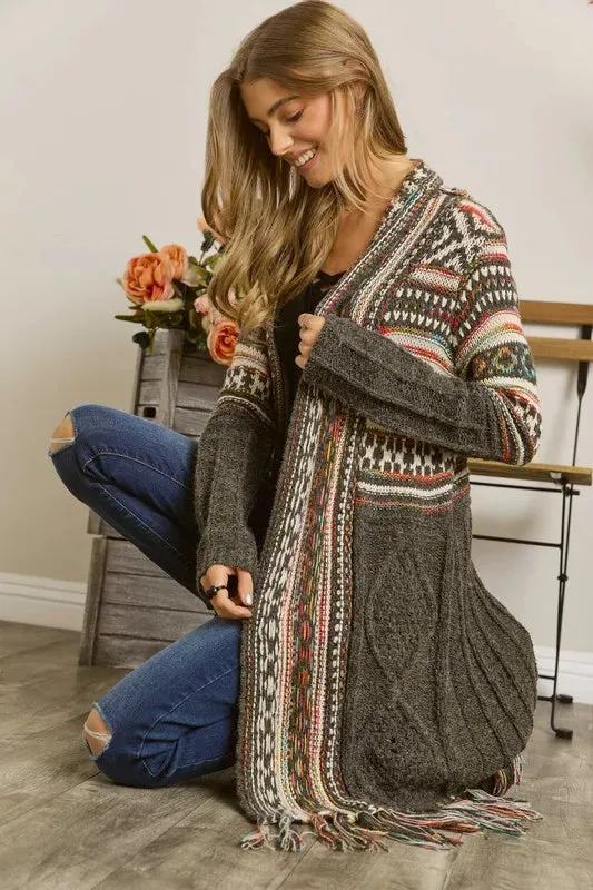 ADORA Full Size Fringe Hem Aztec Cardigan Plus Size