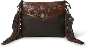 ADYAN Western Handcrafted Genuine Leather Fringe Purse Western Crossbody Bag for Women - Floral Pattern Leather Cross Body Western Bag for Women