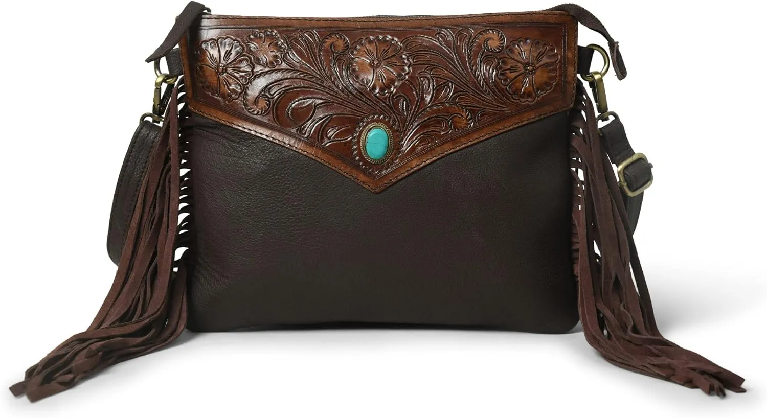 ADYAN Western Handcrafted Genuine Leather Fringe Purse Western Crossbody Bag for Women - Floral Pattern Leather Cross Body Western Bag for Women