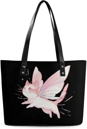 Aesthetic Fairy Cat Women's Tote Shoulder Bag Handbag Top Handle Leather 29 * 34 * 14cm