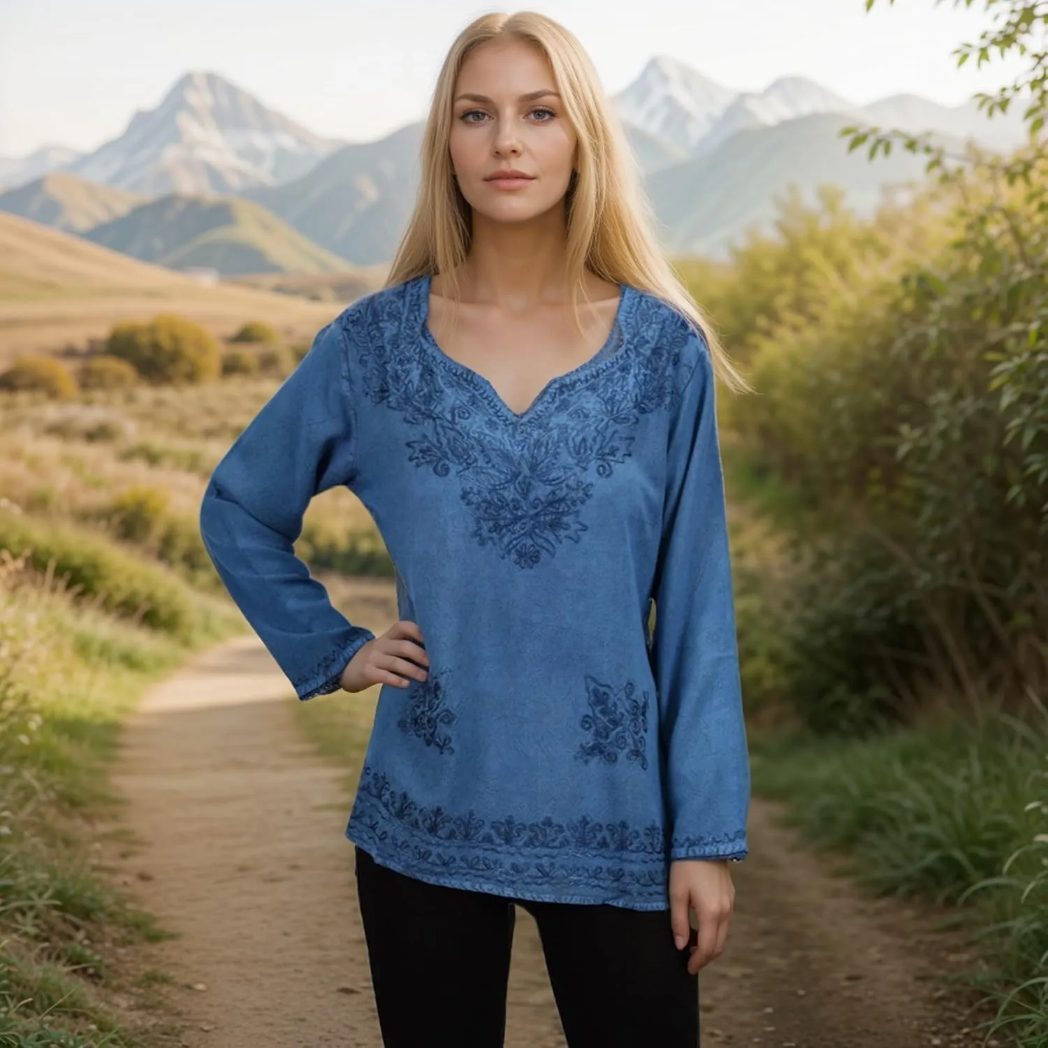 Agan Traders 2025 Summer Long Sleeve Embroidered Blouses - Medieval Bohemian Fall Tops - Vintage Tunic Women's Blouses Kurta