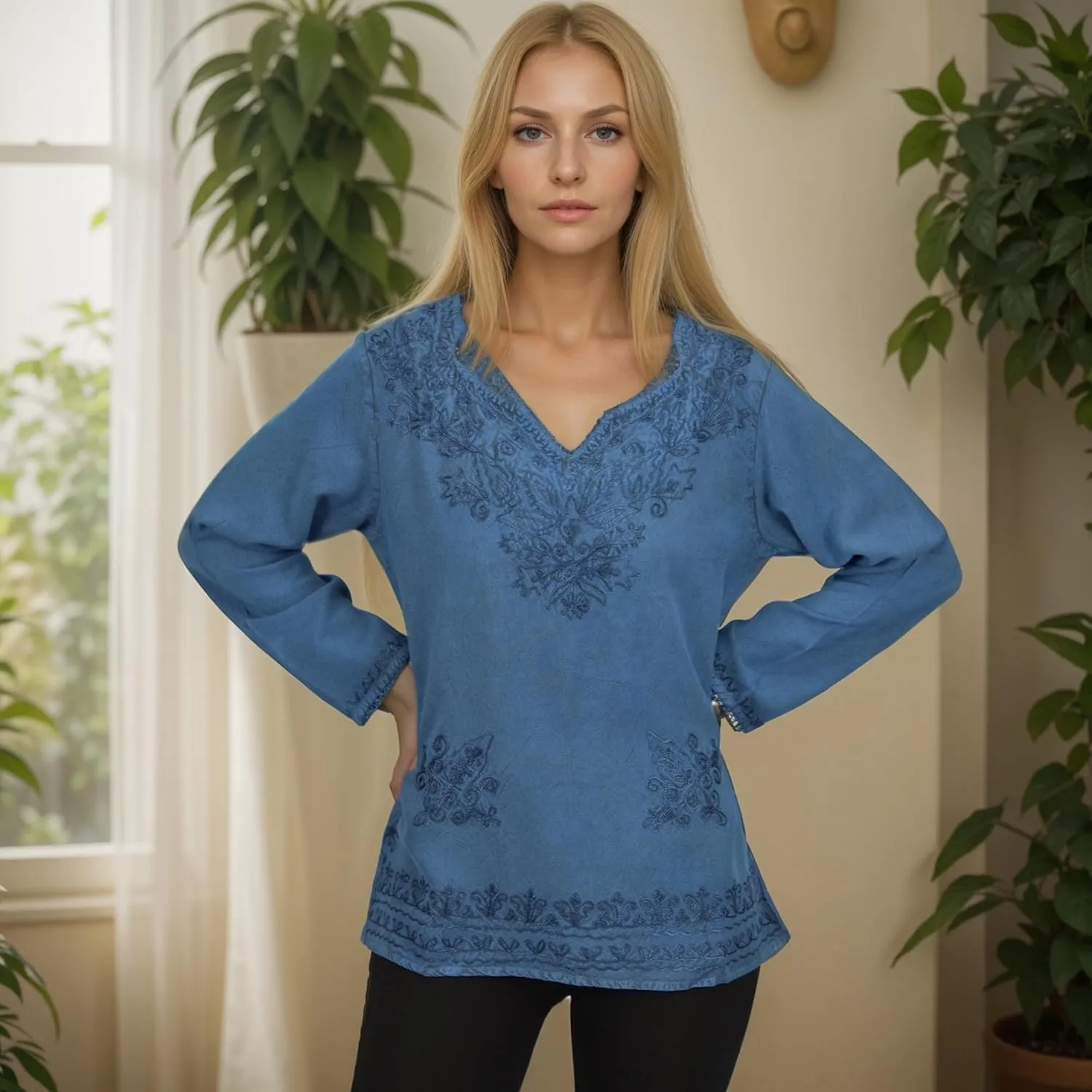 Agan Traders 2025 Summer Long Sleeve Embroidered Blouses - Medieval Bohemian Fall Tops - Vintage Tunic Women's Blouses Kurta