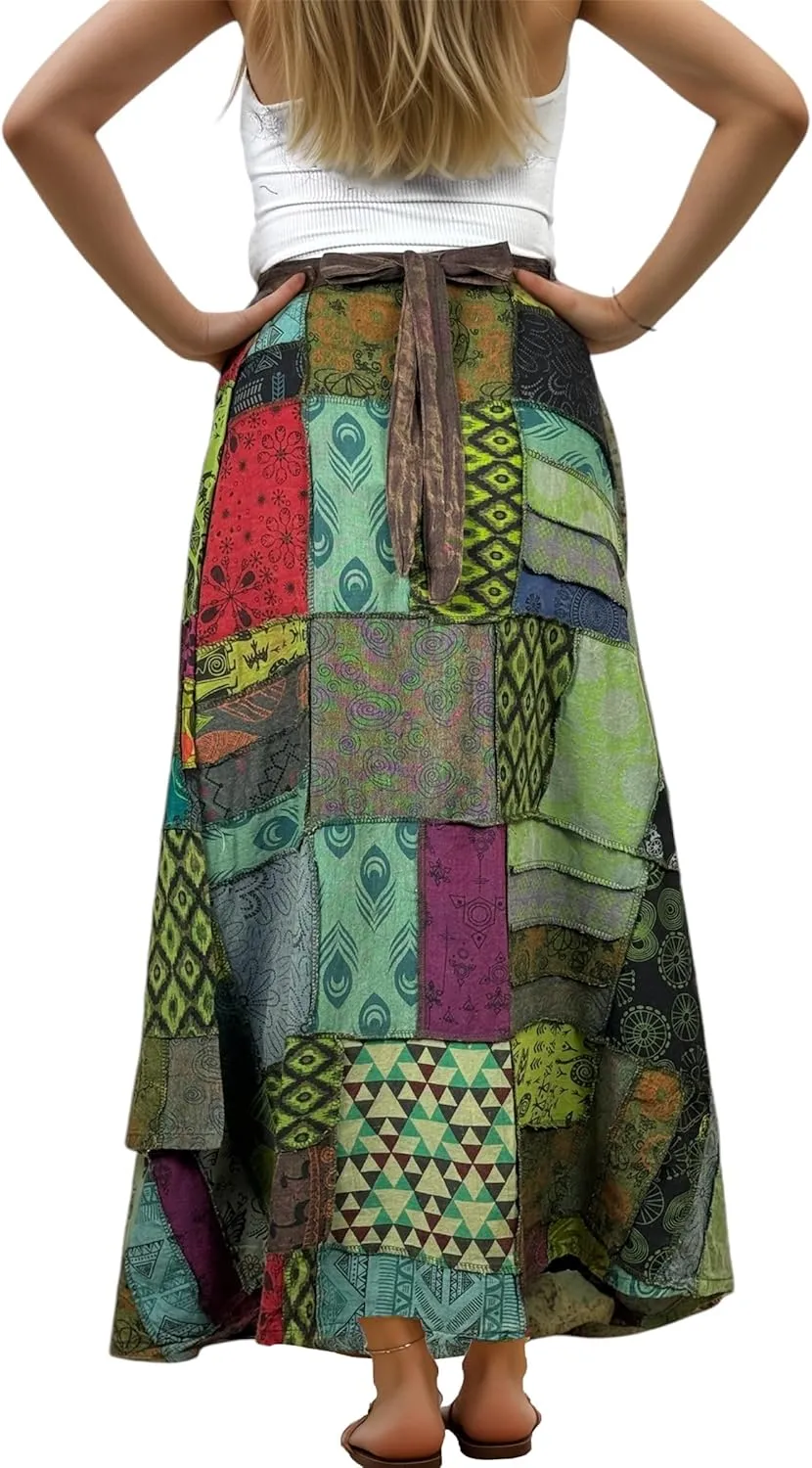 Agan Traders Women’s 2025 Summer Boho Maxi Skirt for Fall Patched Tie Up High Waisted Long Skirt Bohemian Wrap Cover Up