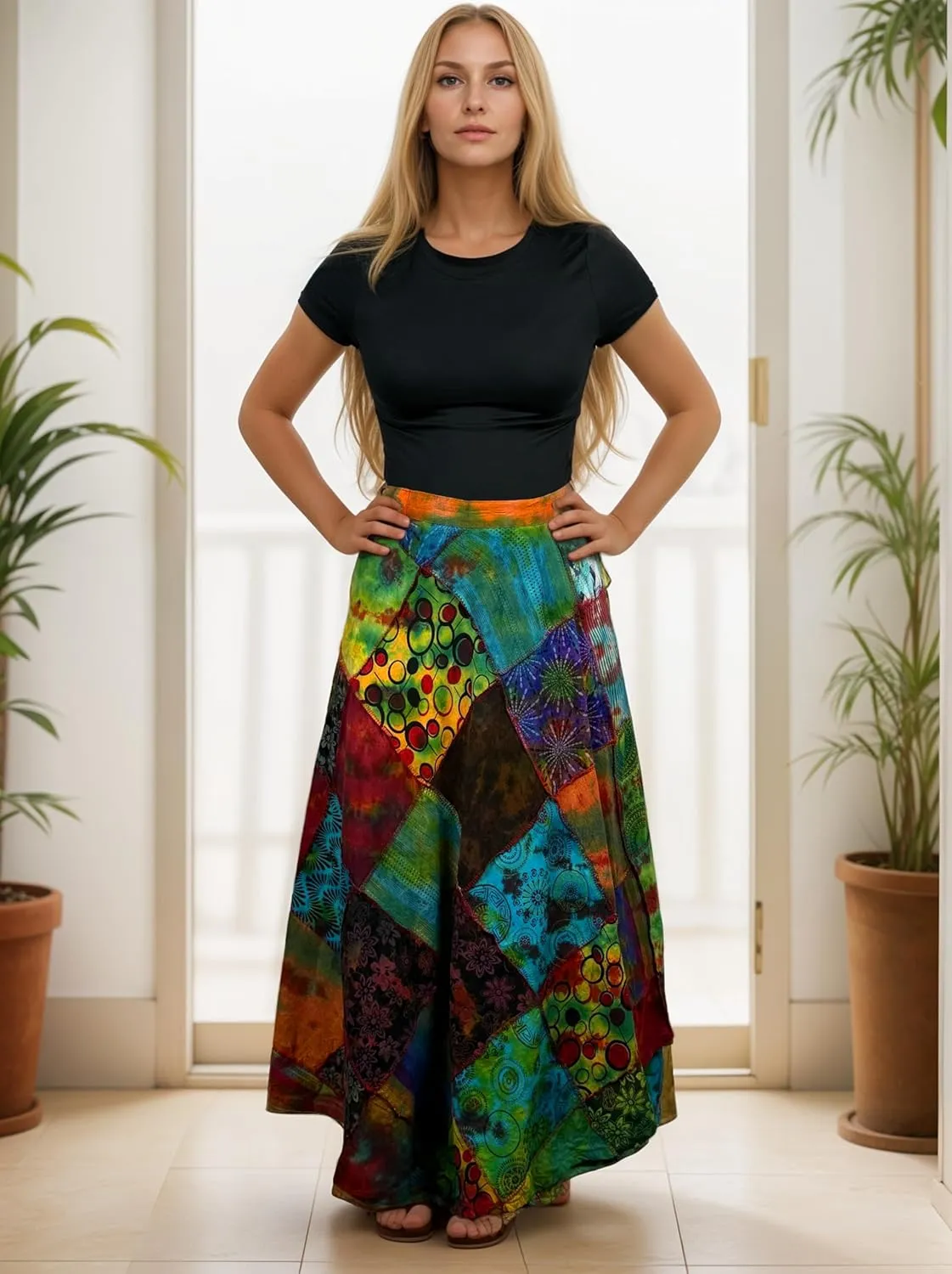 Agan Traders Women’s 2025 Summer Boho Maxi Skirt for Fall Patched Tie Up High Waisted Long Skirt Bohemian Wrap Cover Up