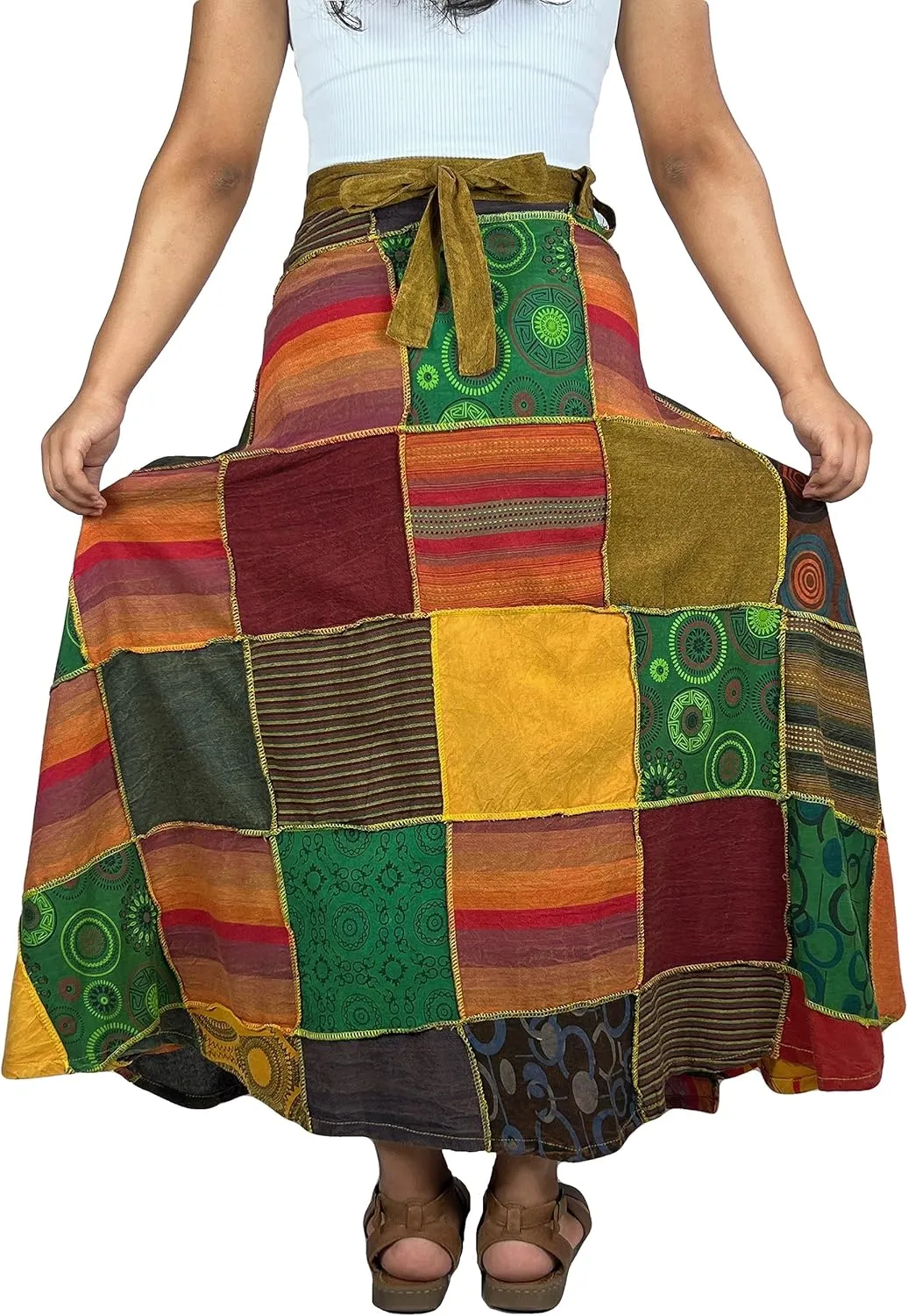 Agan Traders Women’s 2025 Summer Boho Maxi Skirt for Fall Patched Tie Up High Waisted Long Skirt Bohemian Wrap Cover Up