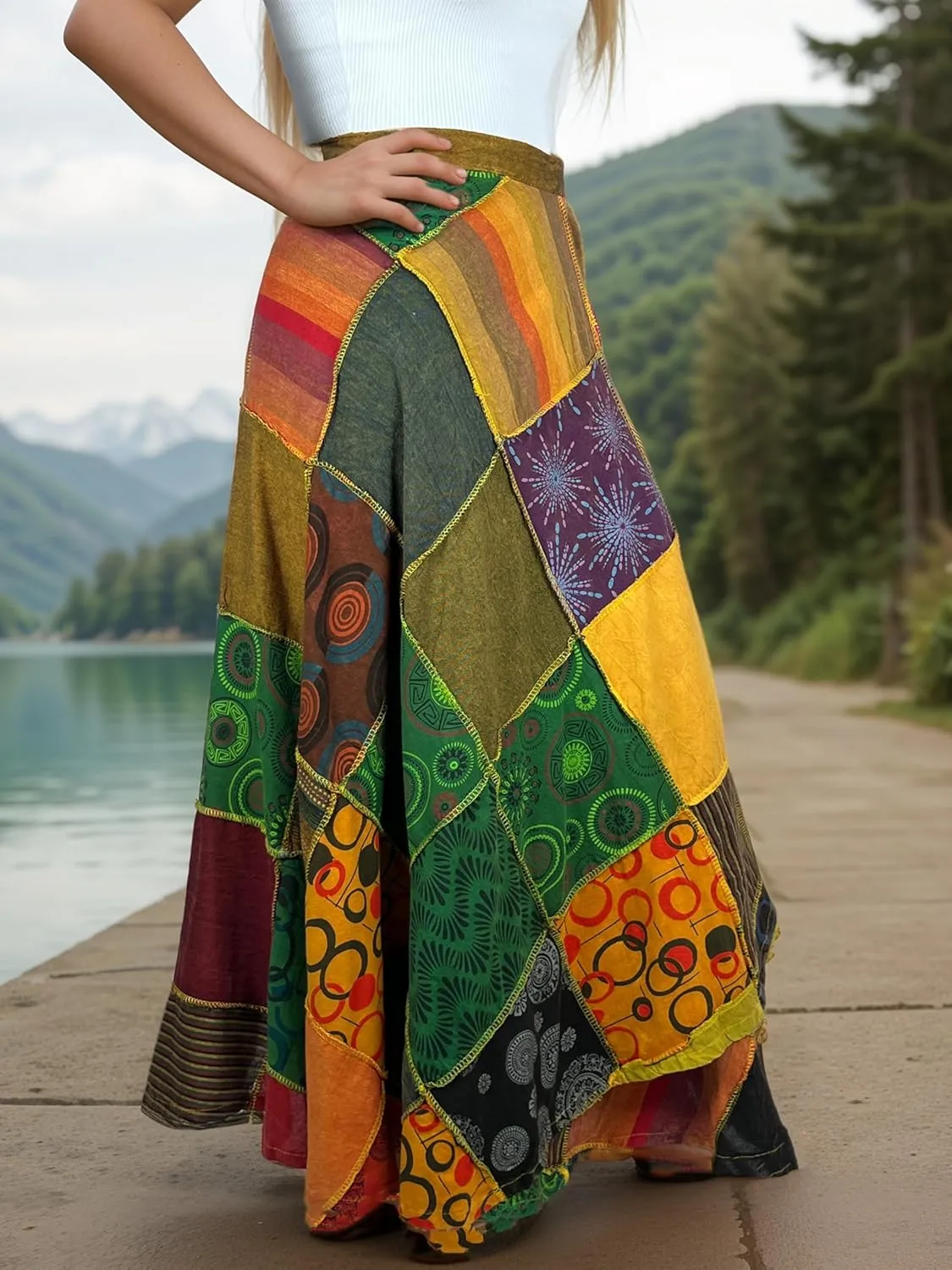 Agan Traders Women’s 2025 Summer Boho Maxi Skirt for Fall Patched Tie Up High Waisted Long Skirt Bohemian Wrap Cover Up