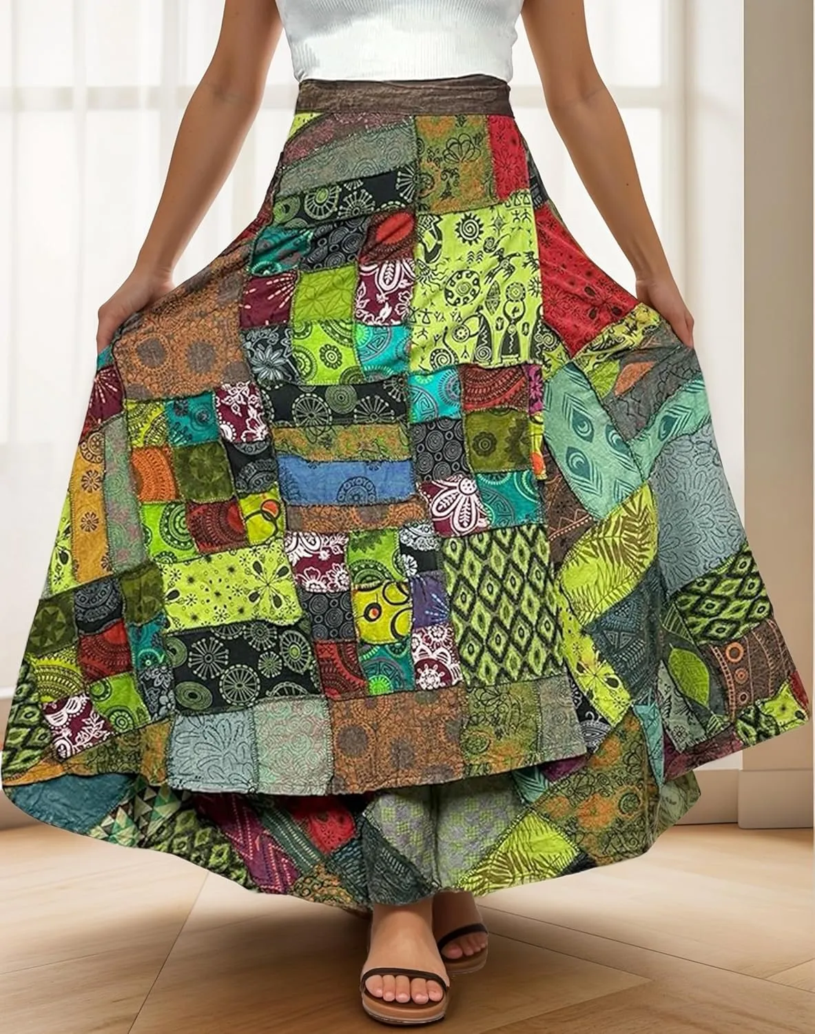 Agan Traders Women’s 2025 Summer Boho Maxi Skirt for Fall Patched Tie Up High Waisted Long Skirt Bohemian Wrap Cover Up