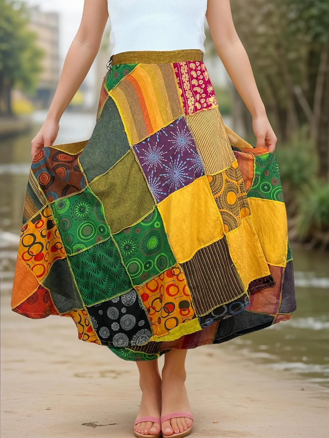Agan Traders Women’s 2025 Summer Boho Maxi Skirt for Fall Patched Tie Up High Waisted Long Skirt Bohemian Wrap Cover Up