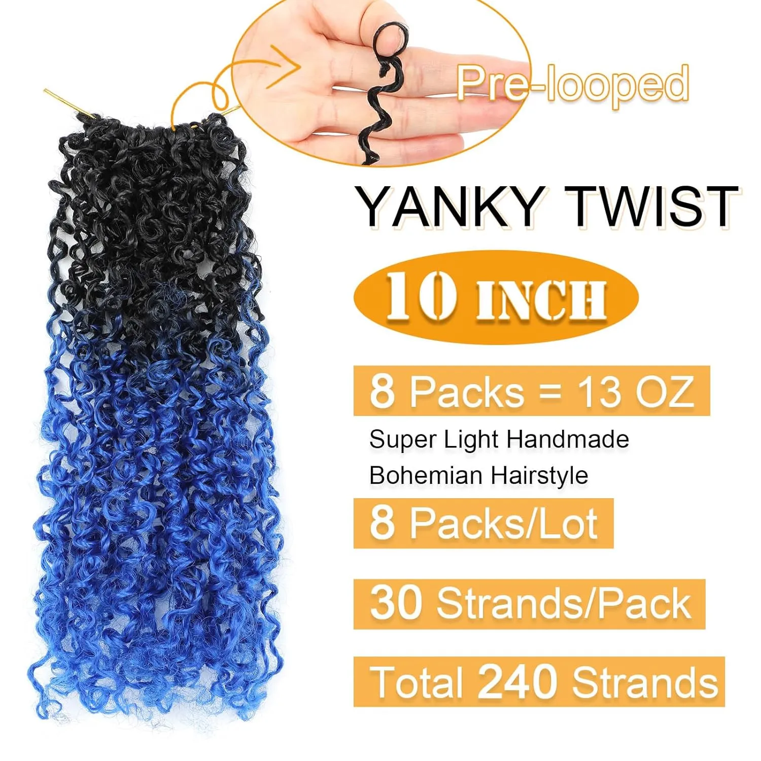 Aksice 10 Inch 8 Packs Yanky Twist Crochet Hair for Women Pre-looped Mini Twist Hair Bohemian Passion Twist Crochet Hair Boho Crochet Braids Synthetic (1B/blue)