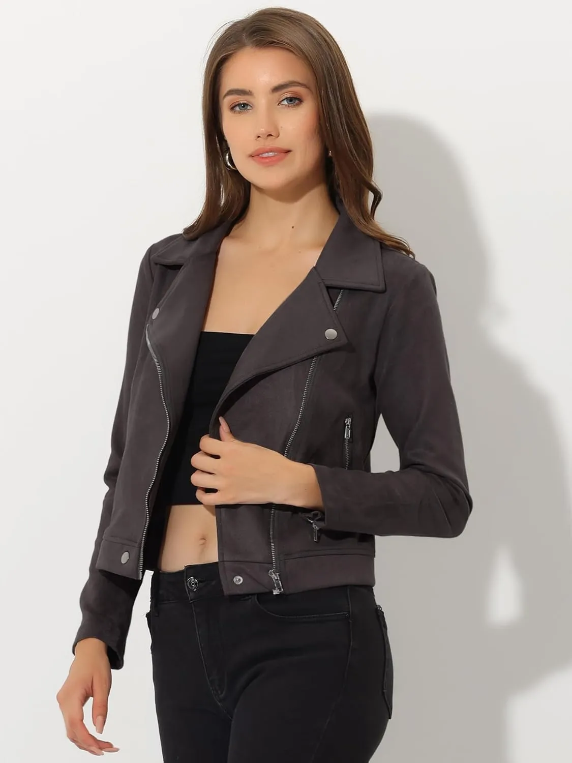 Allegra K Women's Short Soft Zip Up Faux Suede Biker Moto Jacket