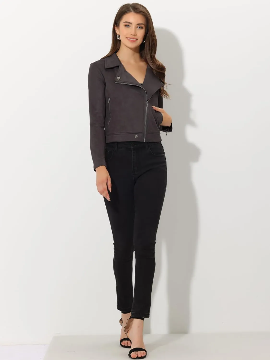 Allegra K Women's Short Soft Zip Up Faux Suede Biker Moto Jacket