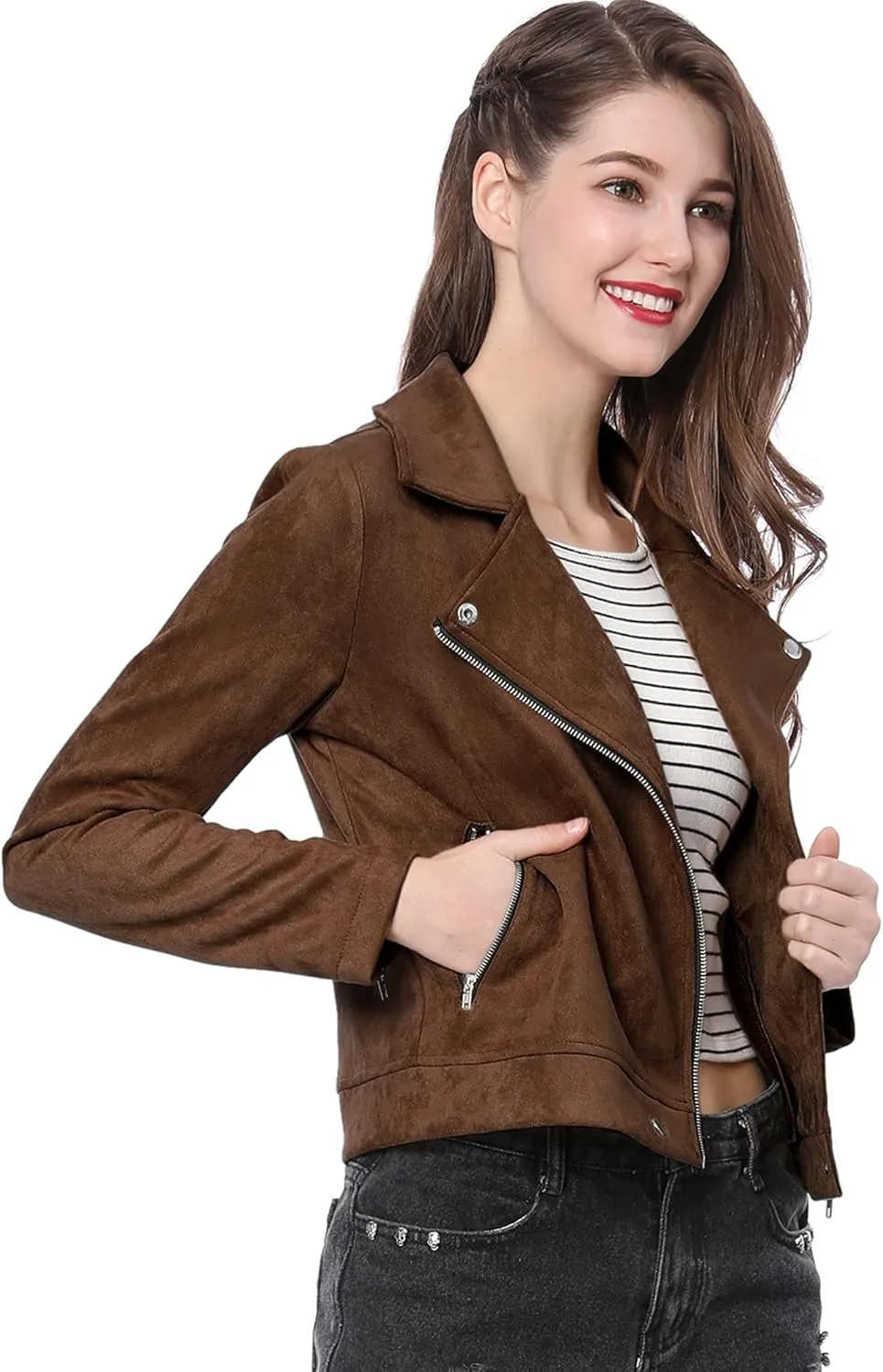 Allegra K Women's Short Soft Zip Up Faux Suede Biker Moto Jacket