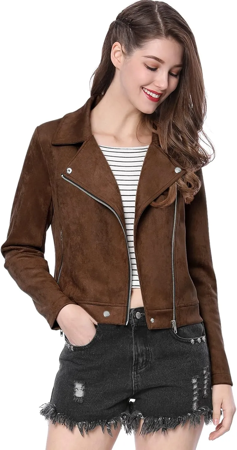 Allegra K Women's Short Soft Zip Up Faux Suede Biker Moto Jacket