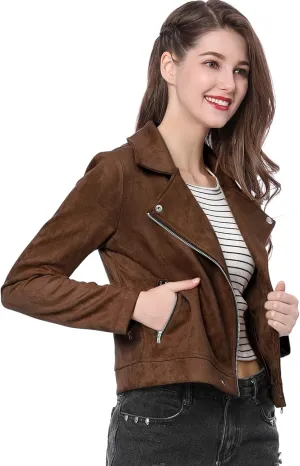 Allegra K Women's Short Soft Zip Up Faux Suede Biker Moto Jacket