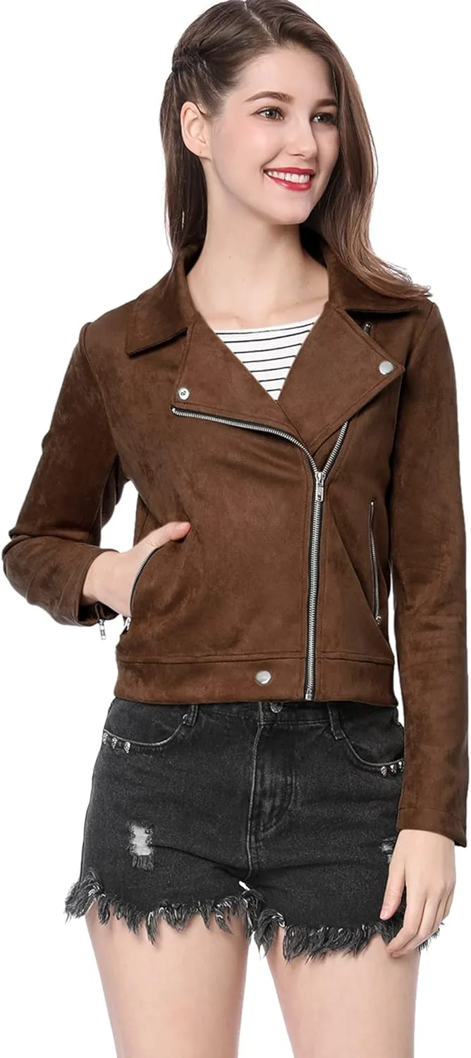 Allegra K Women's Short Soft Zip Up Faux Suede Biker Moto Jacket