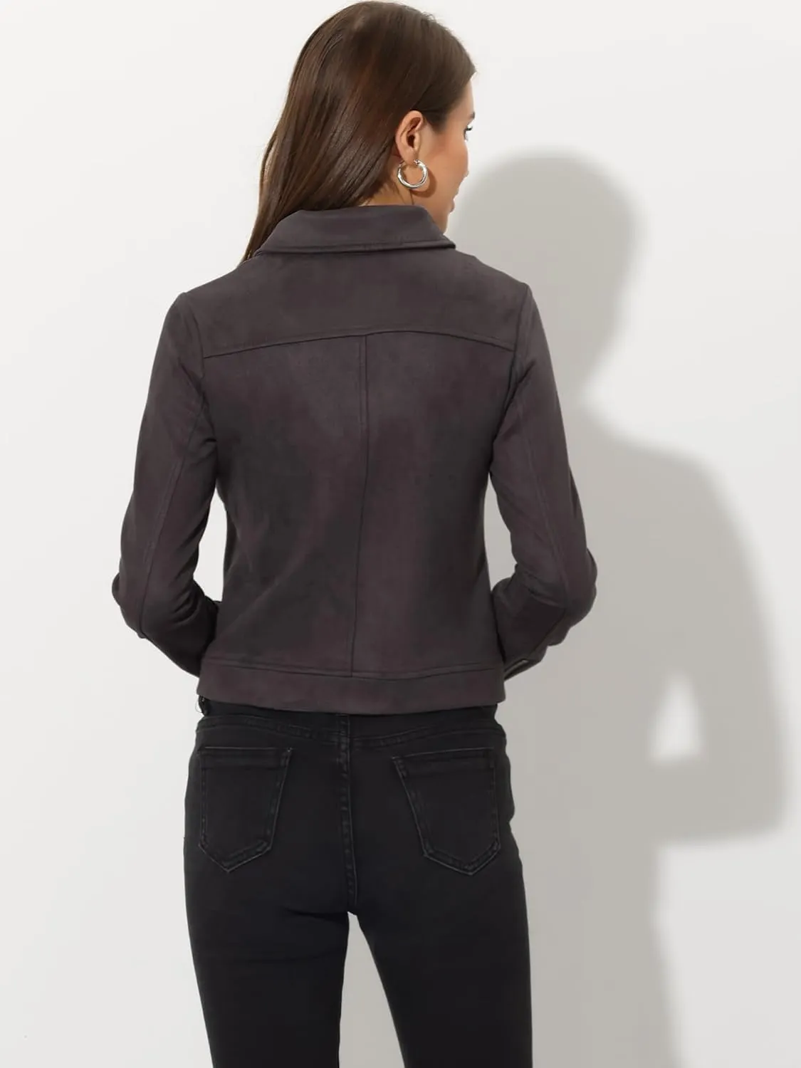 Allegra K Women's Short Soft Zip Up Faux Suede Biker Moto Jacket