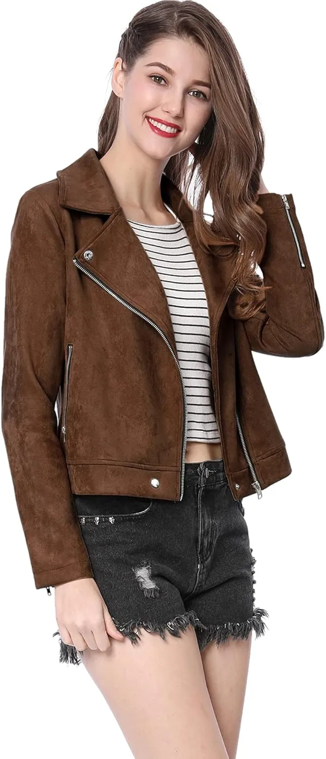 Allegra K Women's Short Soft Zip Up Faux Suede Biker Moto Jacket