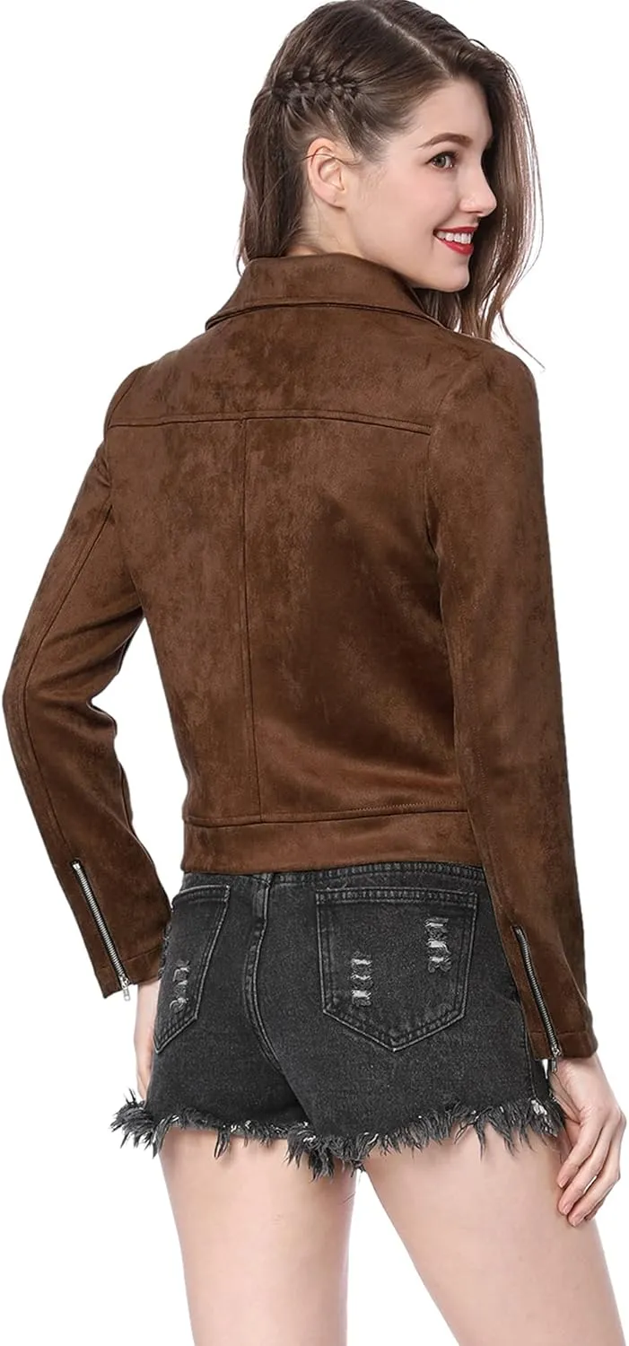 Allegra K Women's Short Soft Zip Up Faux Suede Biker Moto Jacket