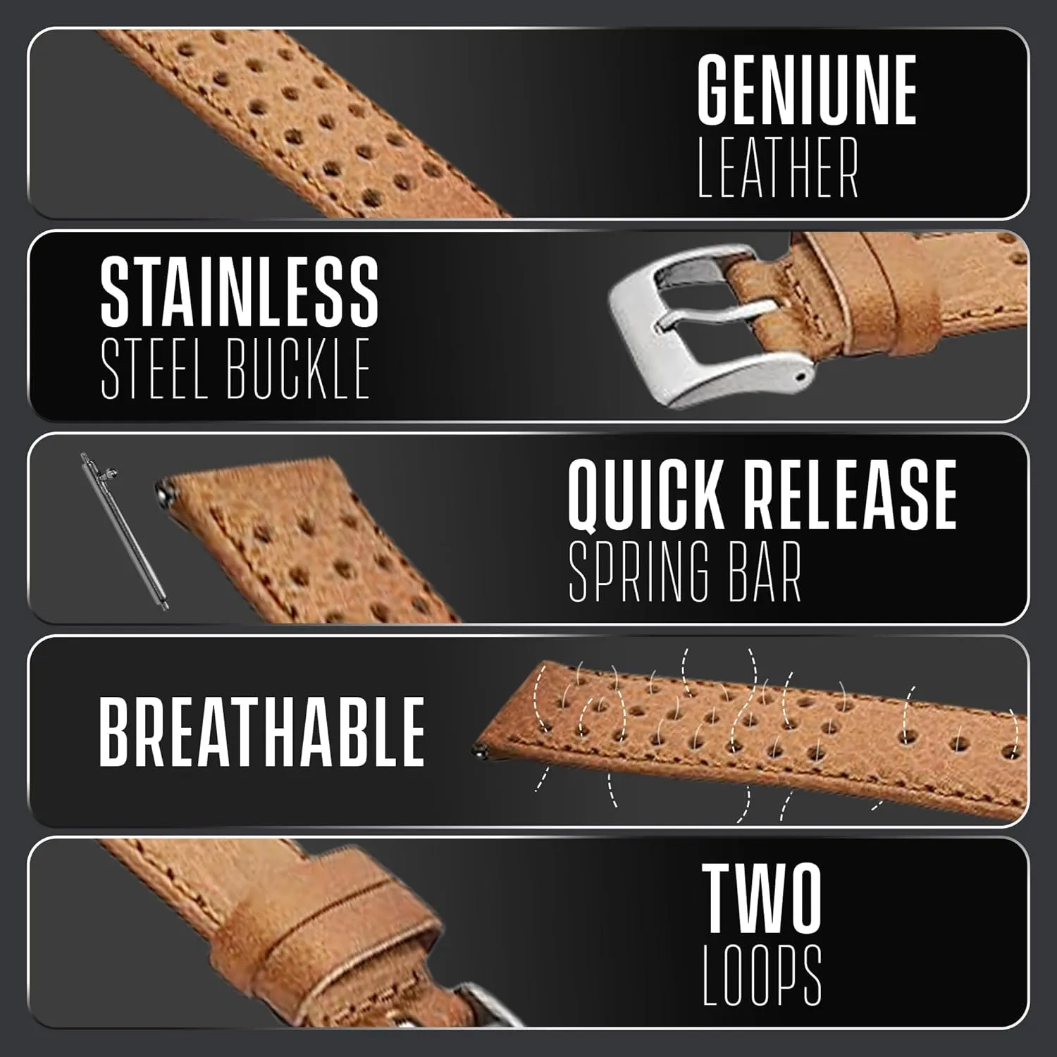 ALPINE Genuine Perforated Leather for Watch Band - Quick Release Replacement Watch Bands for Women & Men - Stainless Steel Buckles - Compatible with Regular & Smart Watch Bands