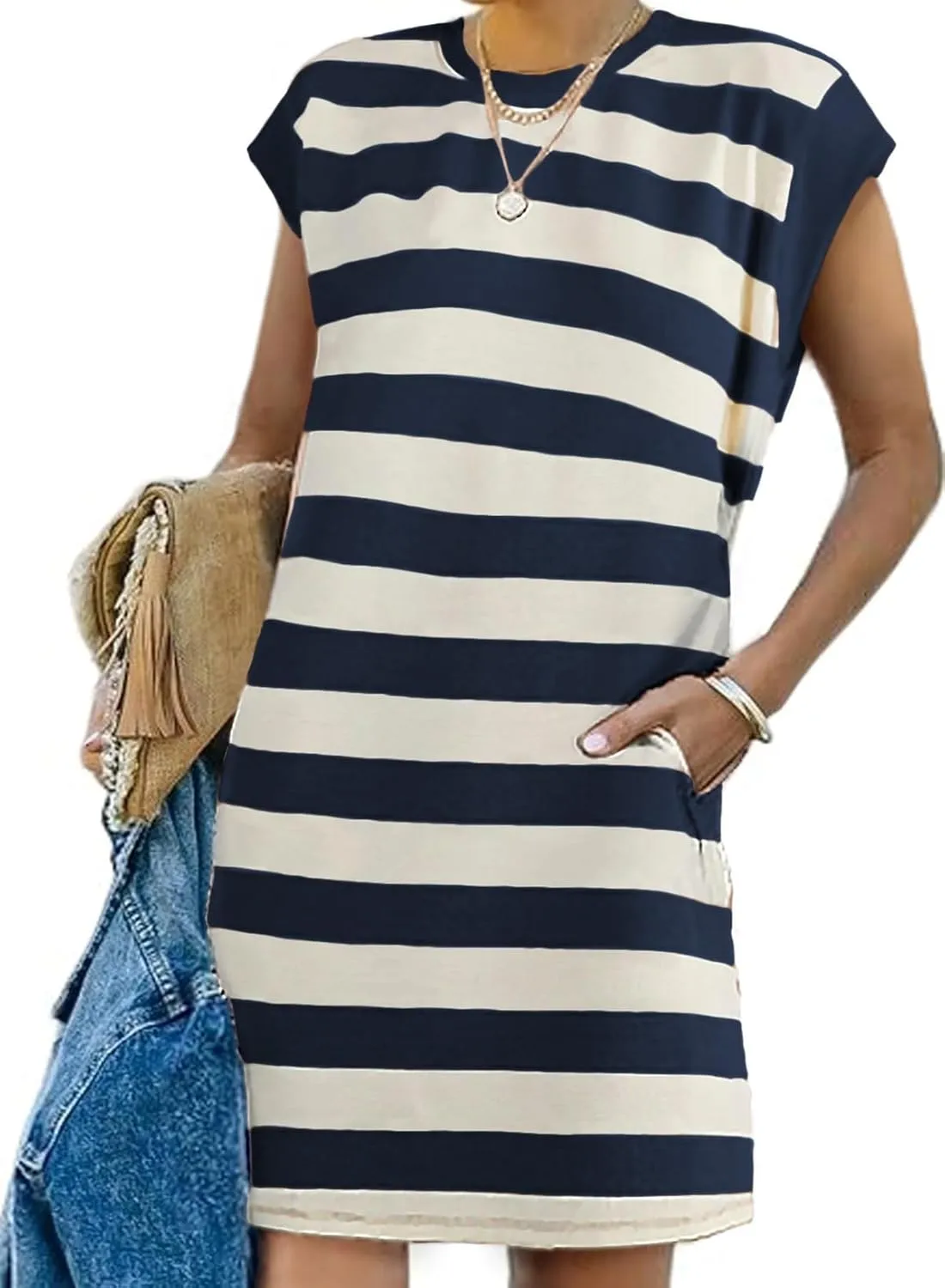 AlvaQ Womens Striped Summer Dresses 2025 Crewneck Cap Sleeve Color Block Casual A Line Tshirt Dress with Pockets
