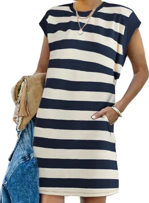 AlvaQ Womens Striped Summer Dresses 2025 Crewneck Cap Sleeve Color Block Casual A Line Tshirt Dress with Pockets