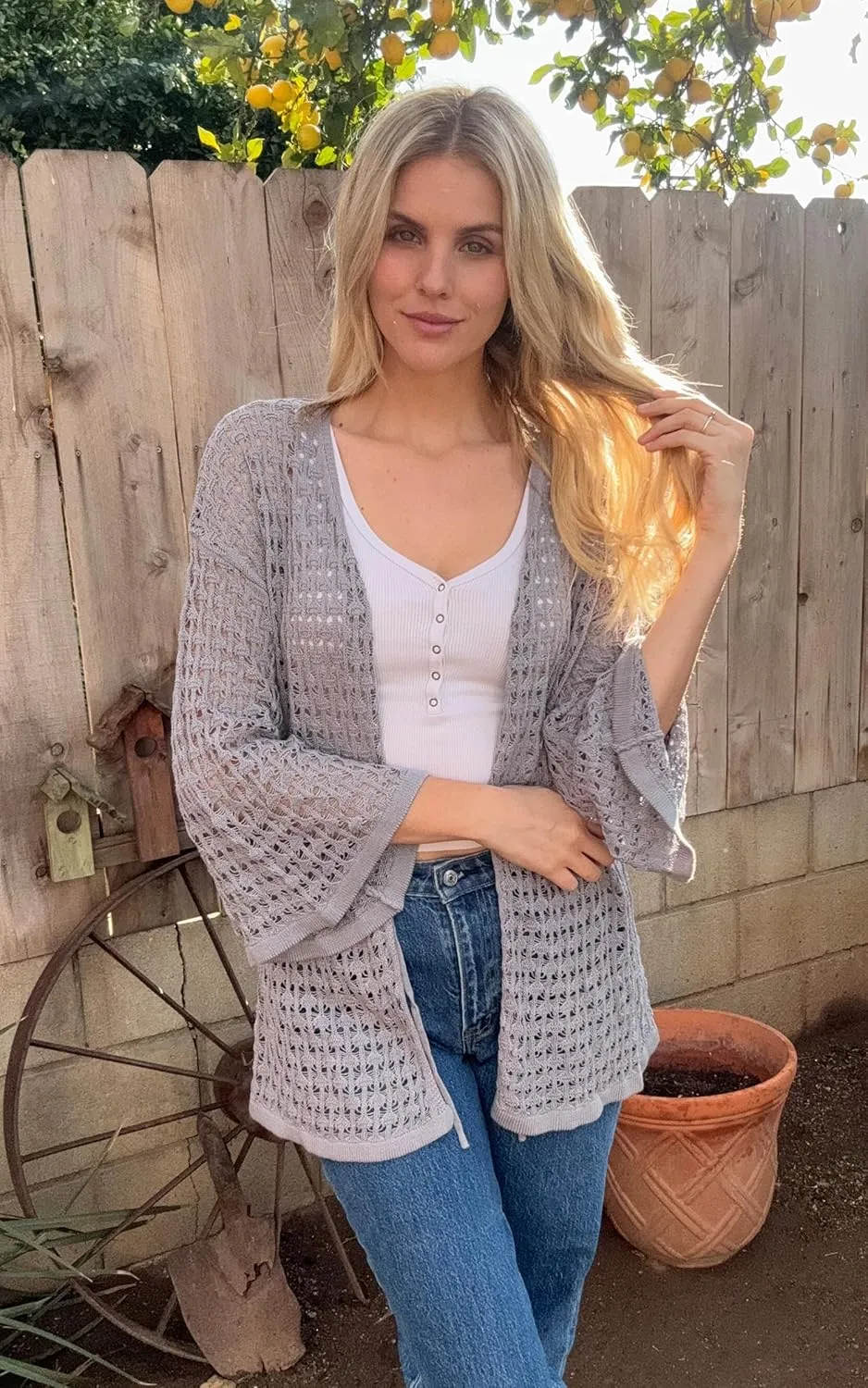 Angashion Women's Crochet Cardigan Sweaters Lightweight Knitted Long Batwing Sleeve Hollow Out Tie Front Boho Beach Cover Up