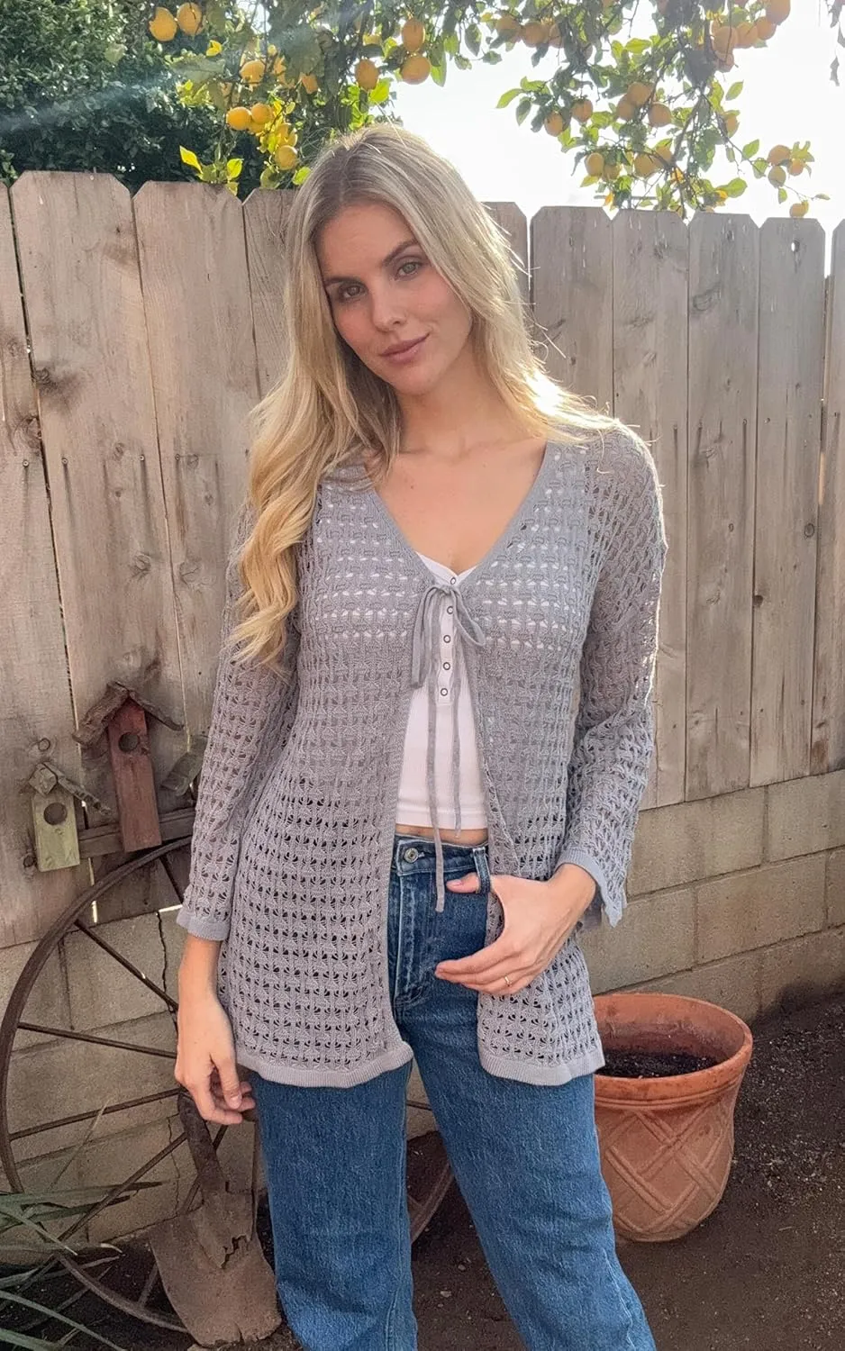 Angashion Women's Crochet Cardigan Sweaters Lightweight Knitted Long Batwing Sleeve Hollow Out Tie Front Boho Beach Cover Up