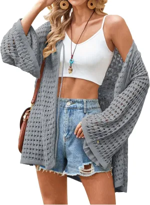 Angashion Women's Crochet Cardigan Sweaters Lightweight Knitted Long Batwing Sleeve Hollow Out Tie Front Boho Beach Cover Up