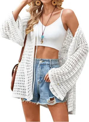 Angashion Women's Crochet Cardigan Sweaters Lightweight Knitted Long Batwing Sleeve Hollow Out Tie Front Boho Beach Cover Up