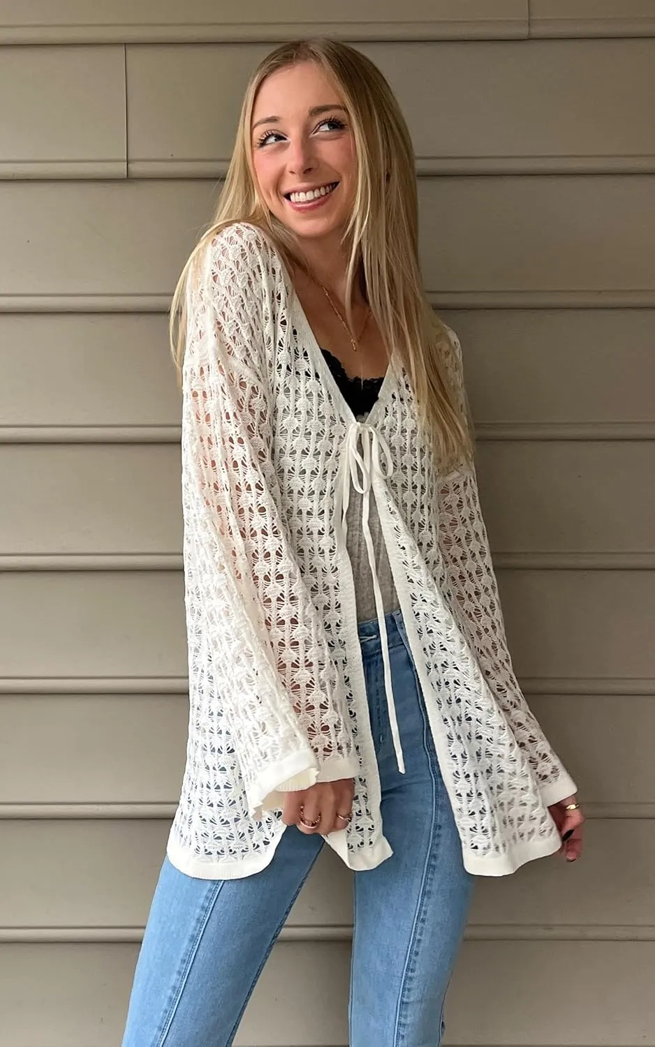 Angashion Women's Crochet Cardigan Sweaters Lightweight Knitted Long Batwing Sleeve Hollow Out Tie Front Boho Beach Cover Up