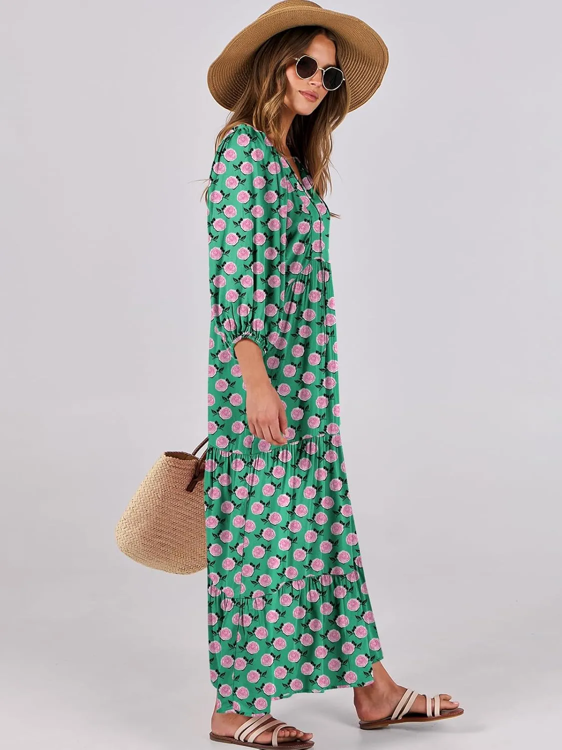 ANRABESS Womens Boho Maxi Dresses 2025 Summer V Neck Puff Sleeve Floral Flowy Swing Casual Long Dress